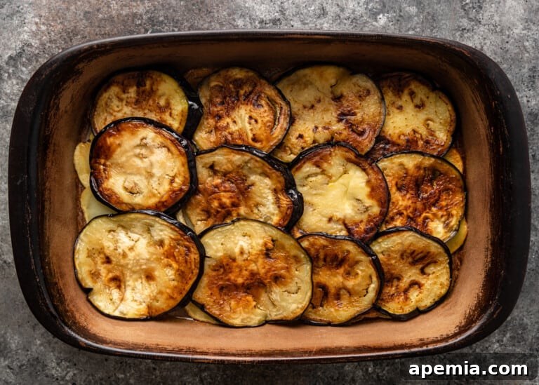 A layer of golden-brown cooked eggplant slices in a baking dish, forming part of the moussaka.