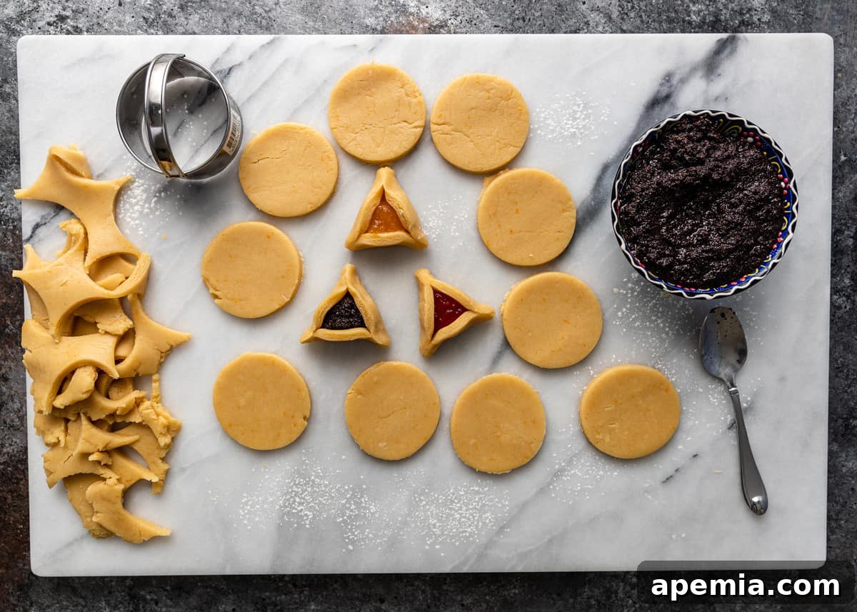 Overhead view of delicious cookies filled with homemade poppy seed paste, perfectly baked and ready to eat.