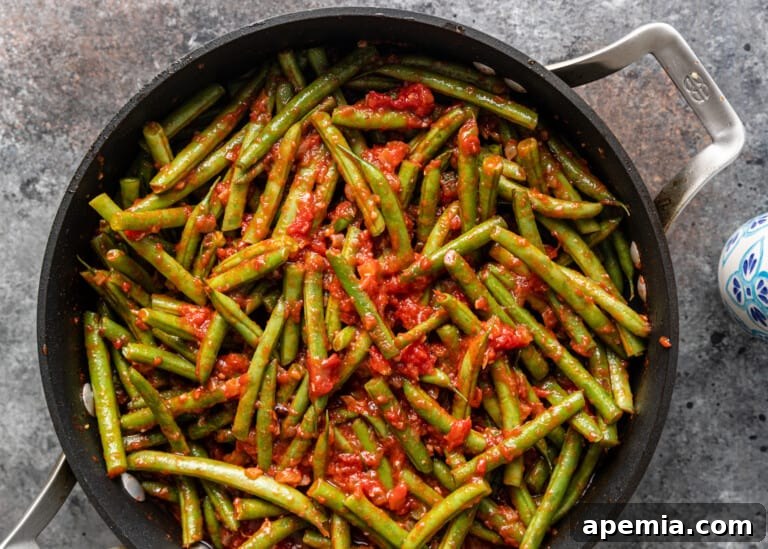 overhead: greek green beans in a pot 