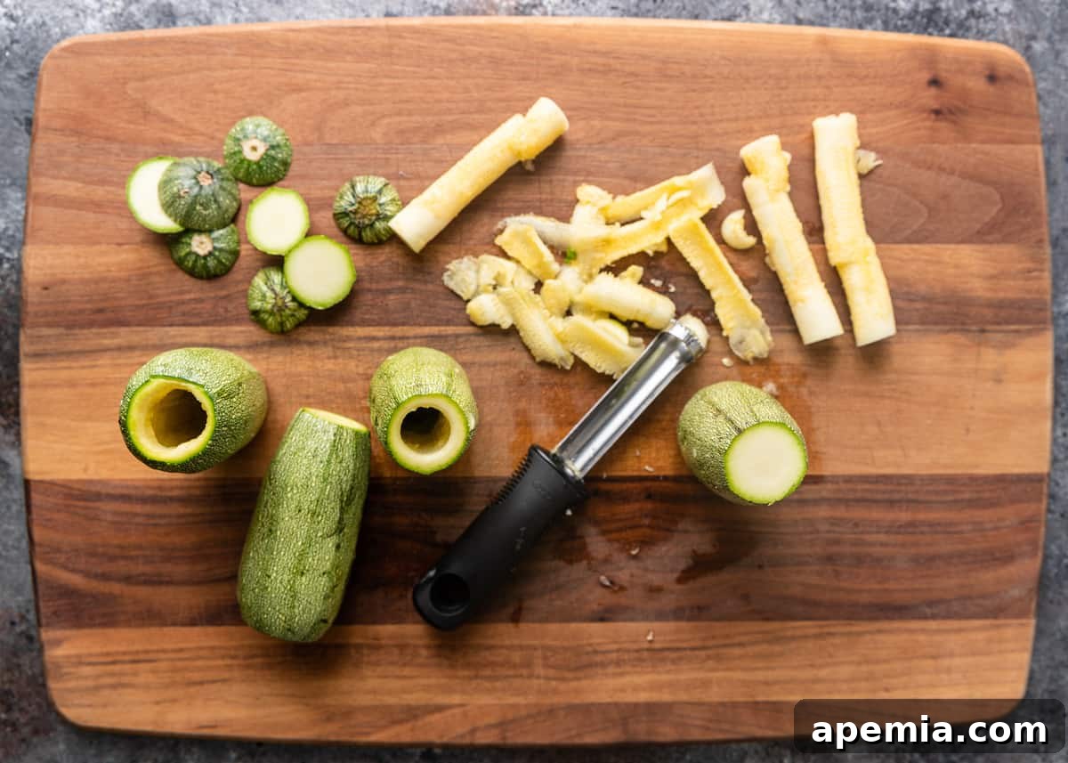 overhead: cutting and removing centers out of zucchini for kousa mahshi
