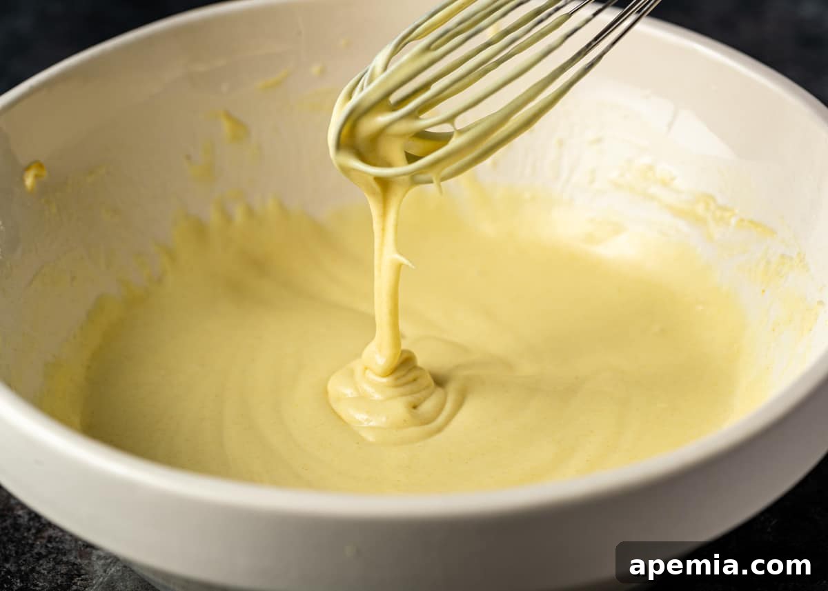 closeup of jalebi batter in a bowl with a whisk, showing the thick, smooth consistency