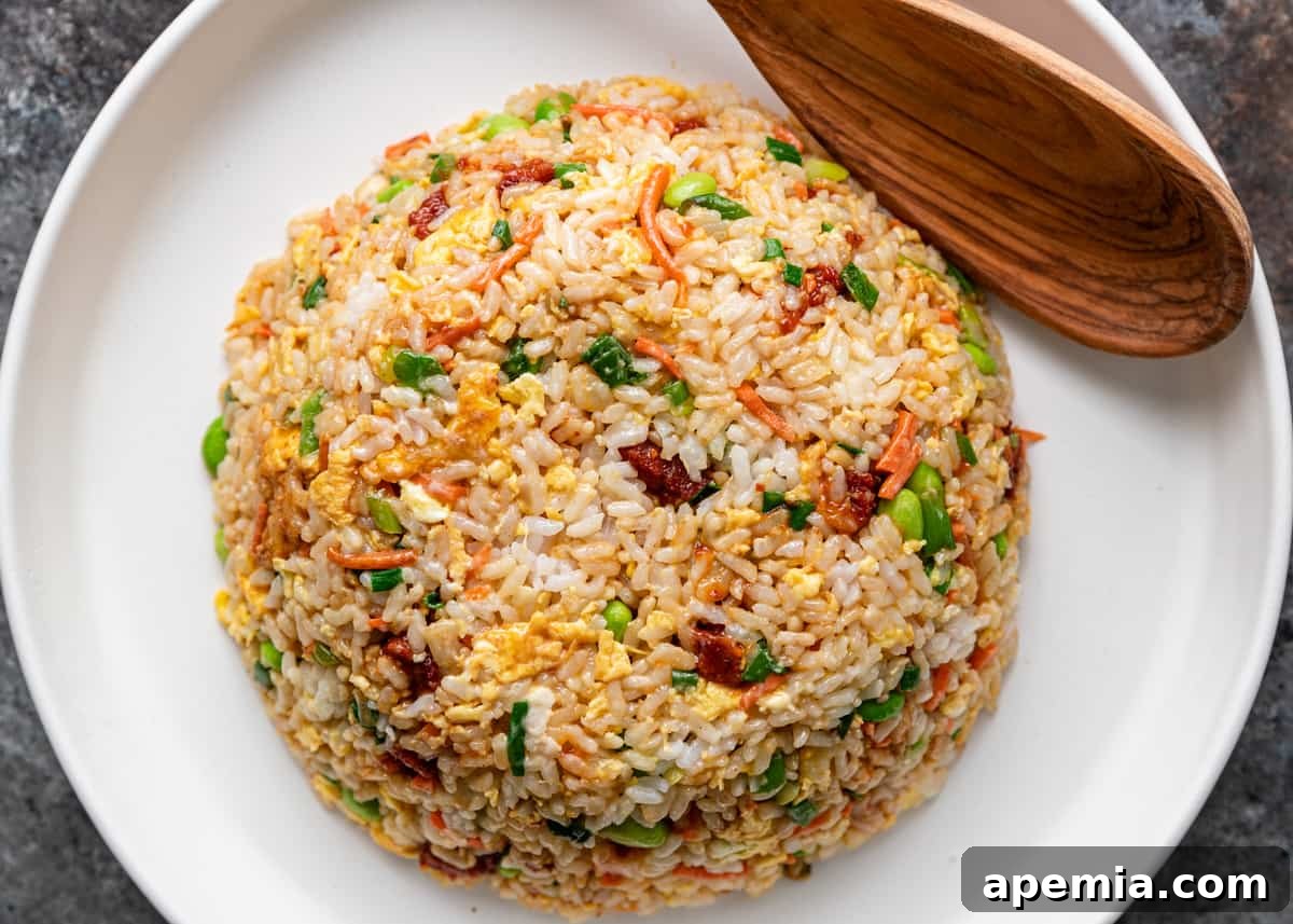 overhead: plate with Japanese fried rice and wooden spoon, ready to be eaten