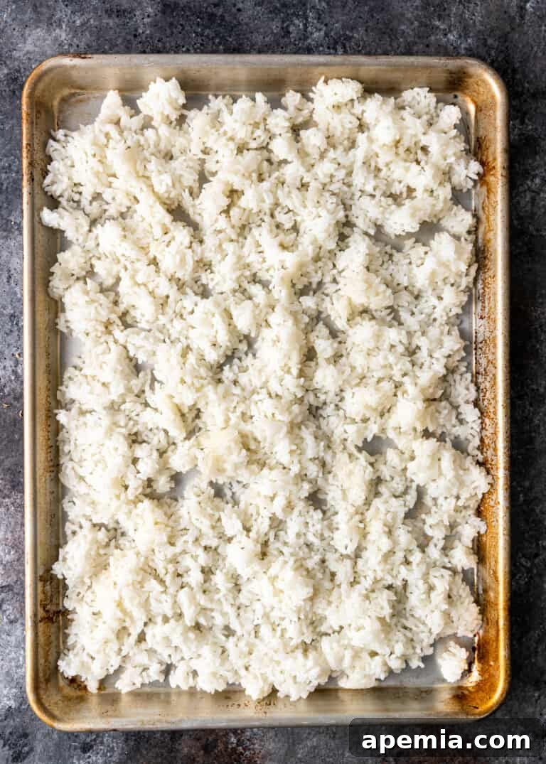 overhead shot: perfectly cooked day-old rice on a pan, ready for stir-frying