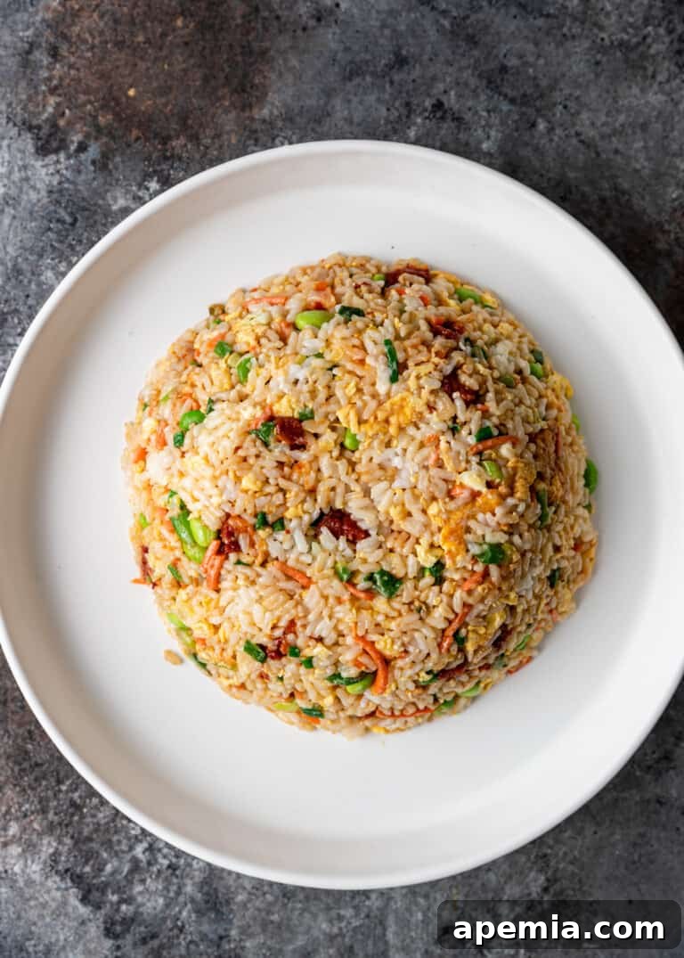 overhead process shot: hibachi fried rice recipe beautifully presented on a platter after removing the bowl