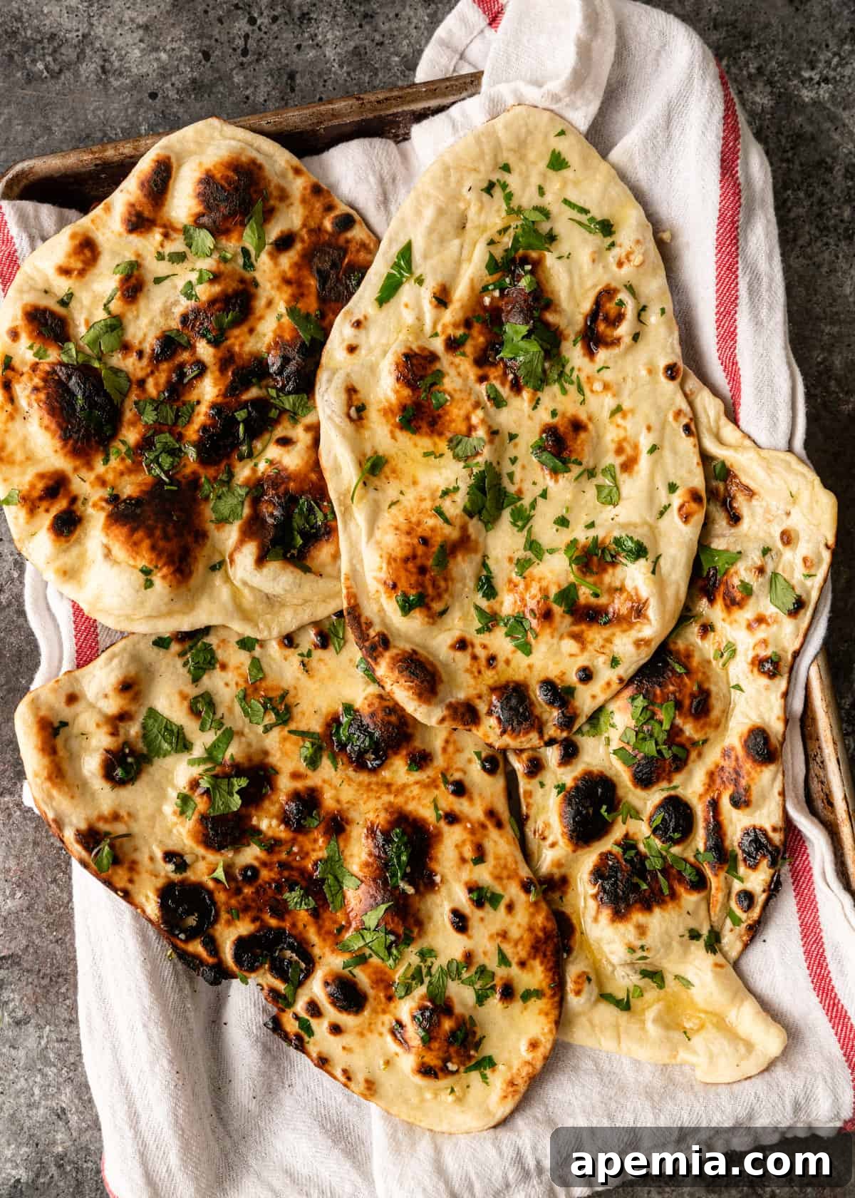 Overhead shot of freshly prepared garlic naan, garnished with cilantro, arranged beautifully on a serving tray.
