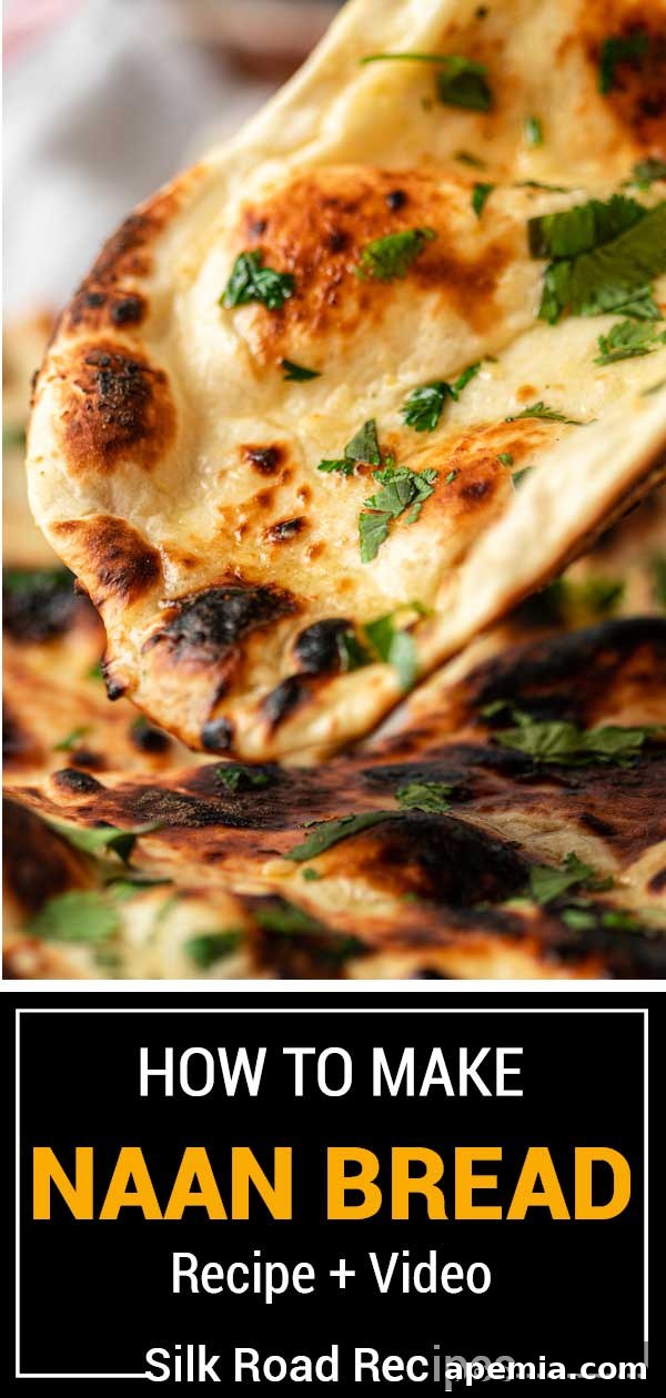 Titled image showing homemade naan bread recipe with a video thumbnail, enticing readers to learn how to make it.