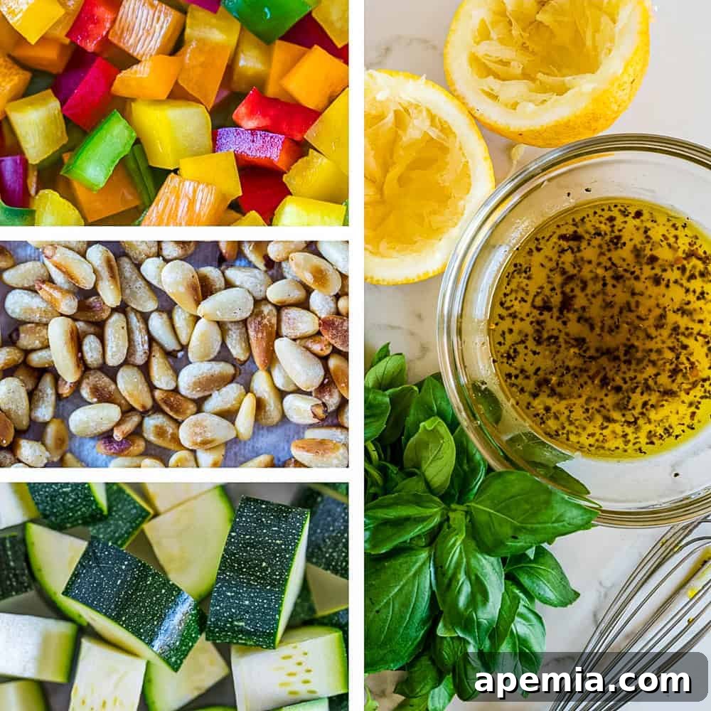A photo collage showcasing key fresh ingredients for Pearl Couscous Salad: vibrant multi-colored bell peppers, crisp zucchini, a small bowl of zesty lemon dressing, and golden toasted pine nuts.
