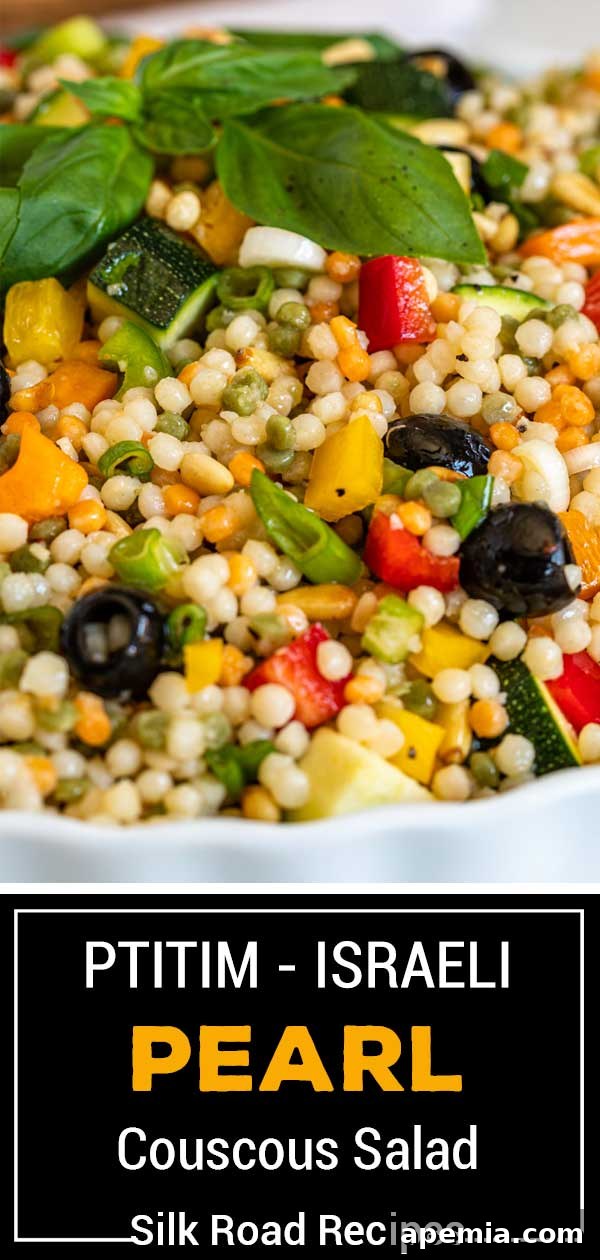 A beautifully presented image titled: Ptitim - Israeli Pearl Couscous Salad, showcasing the finished dish.
