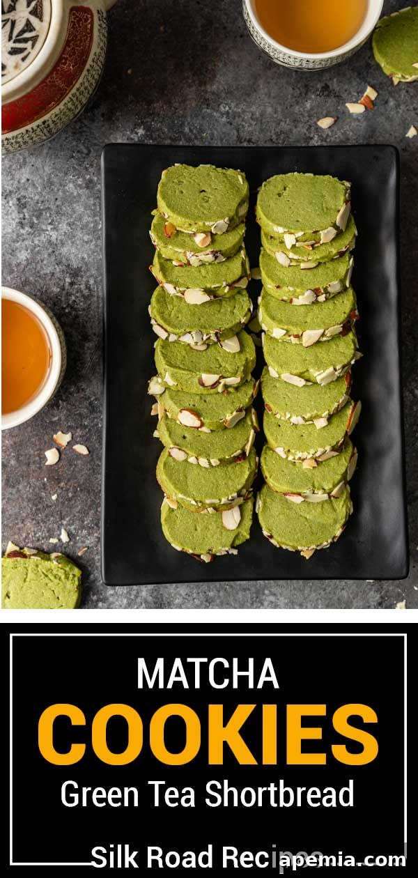 Titled image showing Matcha Cookies Green Tea Shortbread, a beautiful vertical banner for the recipe.