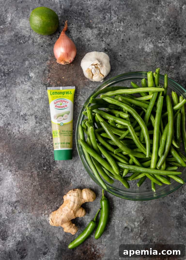Sesame Garlic Green Beans 4 overhead: ingredients neatly arranged for Asian green beans recipe
