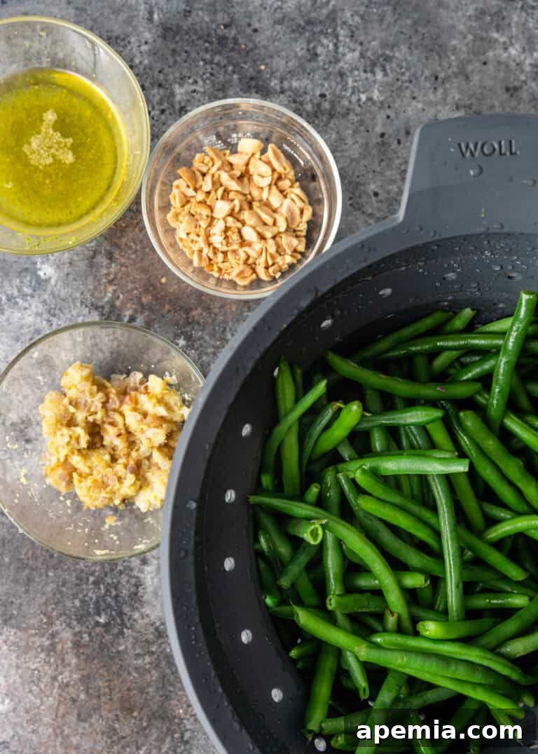 Sesame Garlic Green Beans 5 overhead: blanching fresh Asian green beans in boiling water