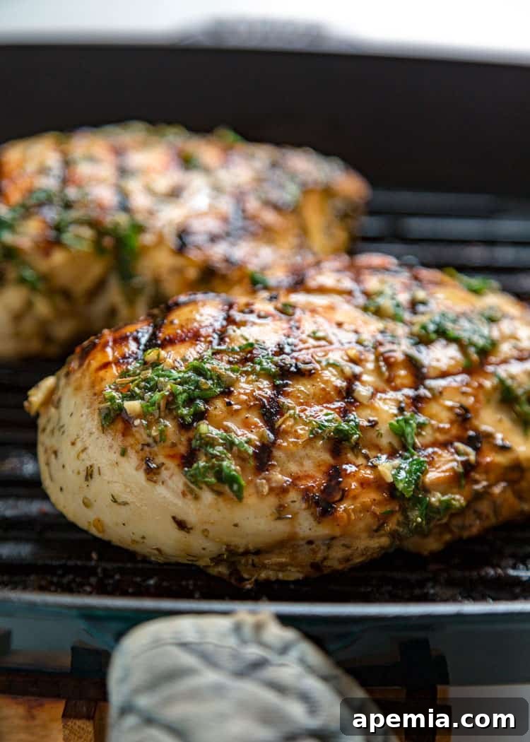 Close-up of juicy, perfectly cooked grilled chicken, showcasing its tender interior.