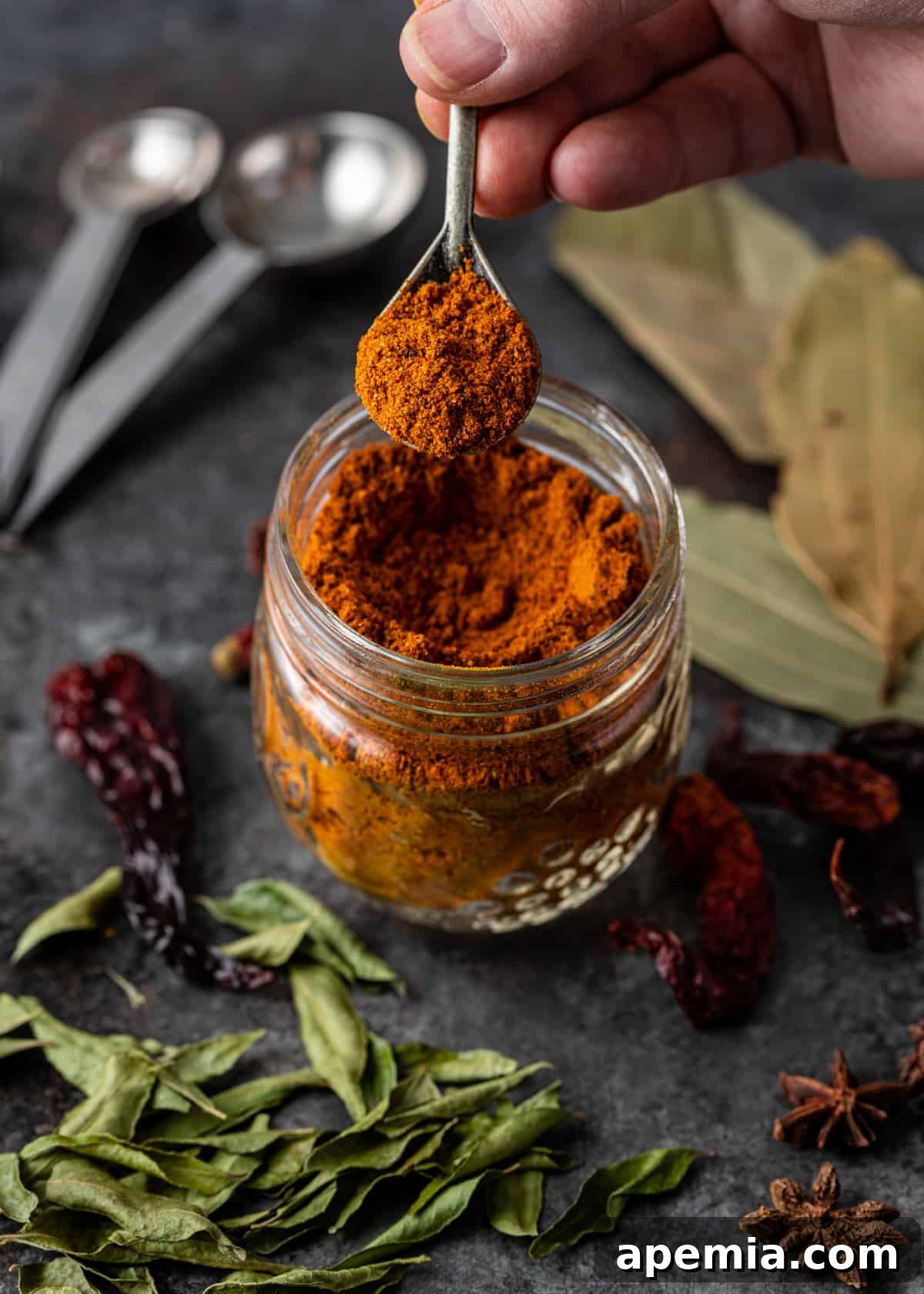 Close-up of freshly ground Vindaloo Curry Powder on a spoon, showcasing its rich color and texture