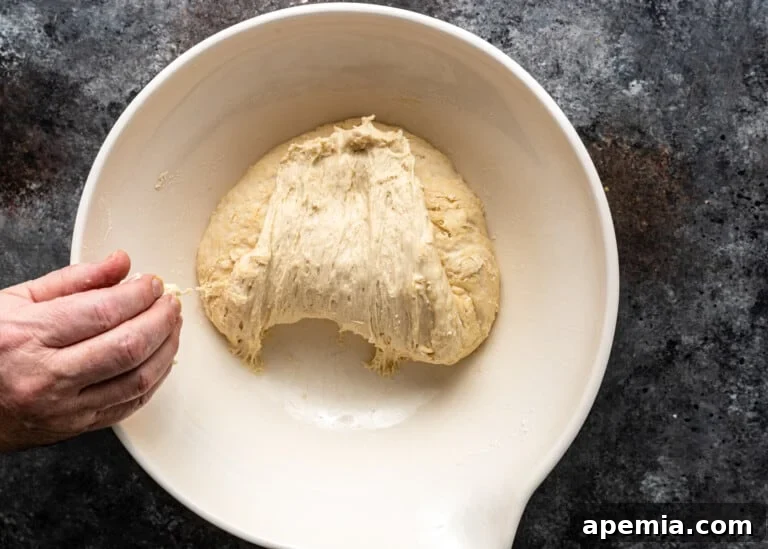 Beloved Turkish Ramadan Pide 11 The bowl of dough turned 90 degrees, indicating the next step in the stretch and fold process.