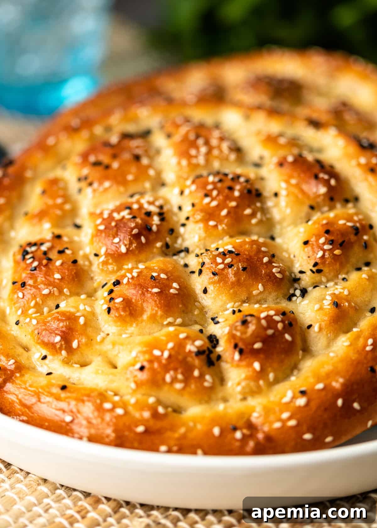 Beloved Turkish Ramadan Pide 23 A close-up view of a whole Ramazan Pidesi, highlighting the texture of the bread, the diamond pattern, and the sesame and nigella seeds.