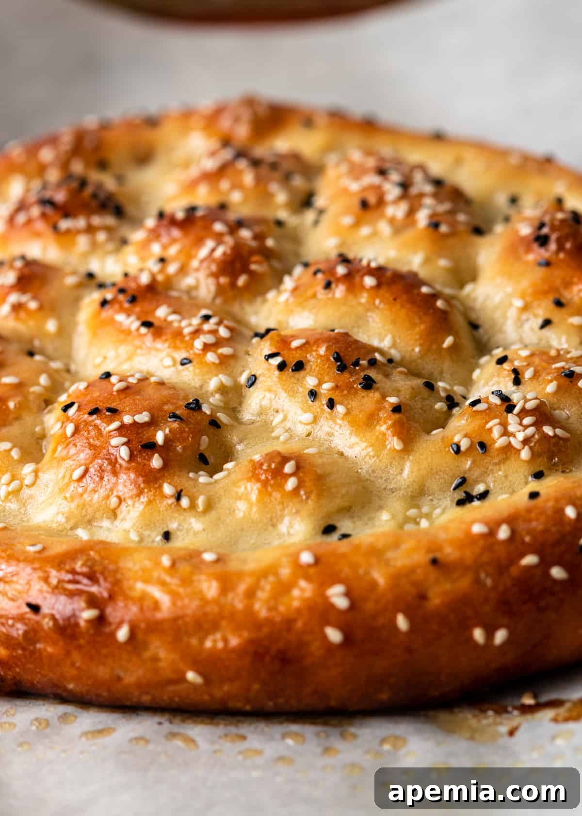 Beloved Turkish Ramadan Pide 4 A close-up view of the distinct patterned crust of a freshly baked Ramazan Pidesi, showing the golden color and sprinkled seeds.