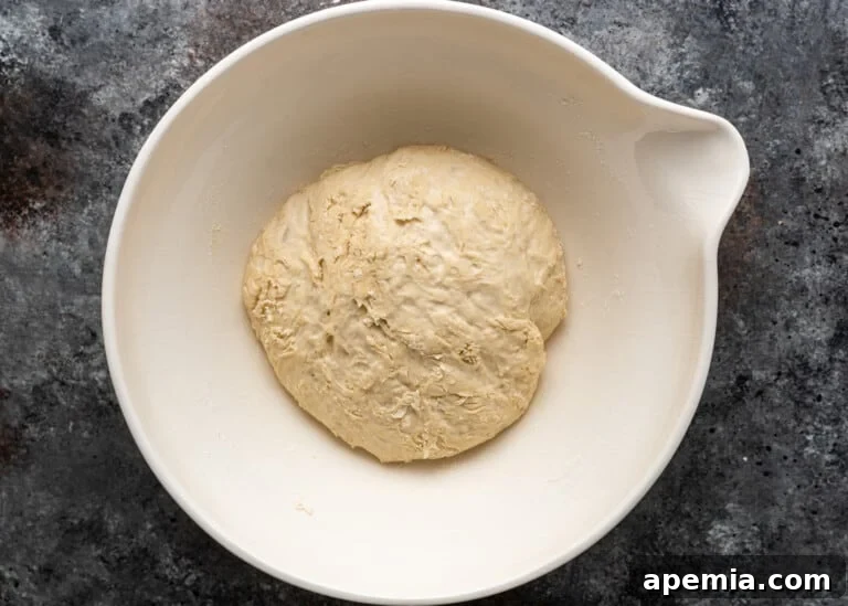 Beloved Turkish Ramadan Pide 8 Ramazan Pidesi dough after its first rise, showing increased volume and a softer texture in the bowl.