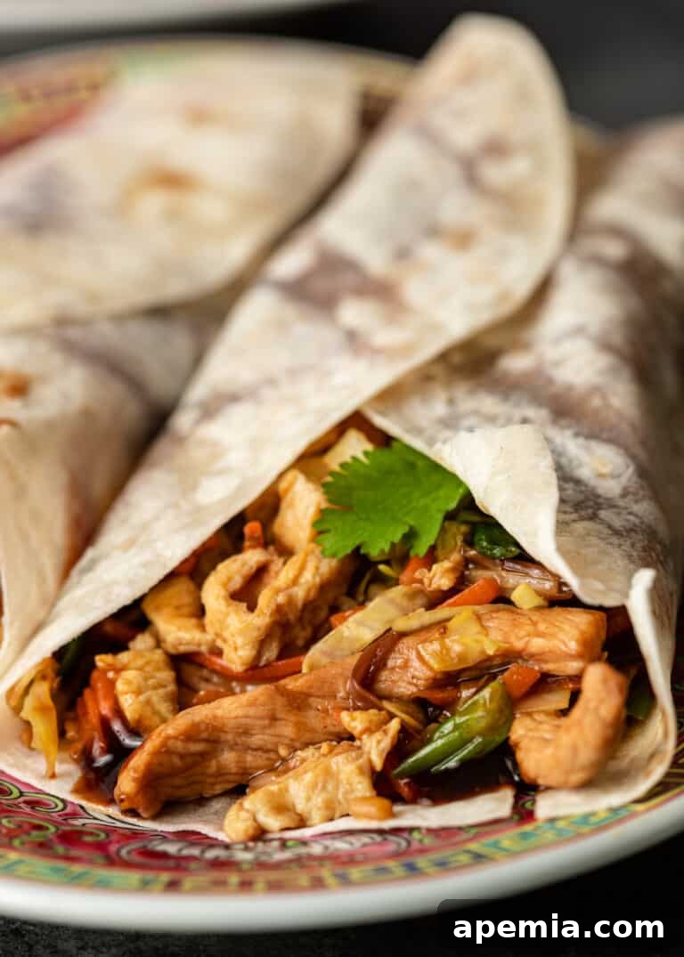 Moo Shu Pork filling wrapped in a tortilla, ready to eat