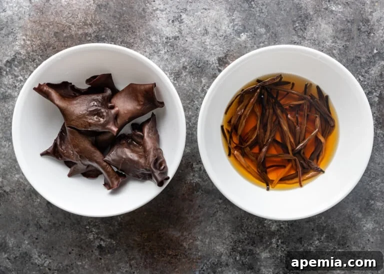 various ingredients for Moo Shu Pork, hydrated and soaking in bowls