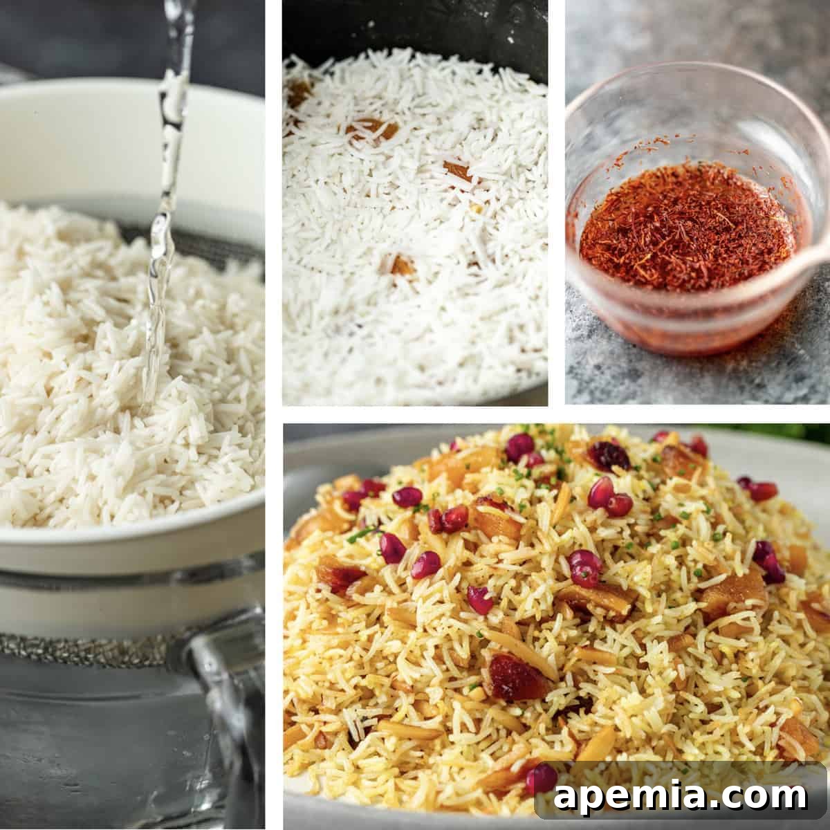 photo collage shows steps to make my Persian saffron rice recipe