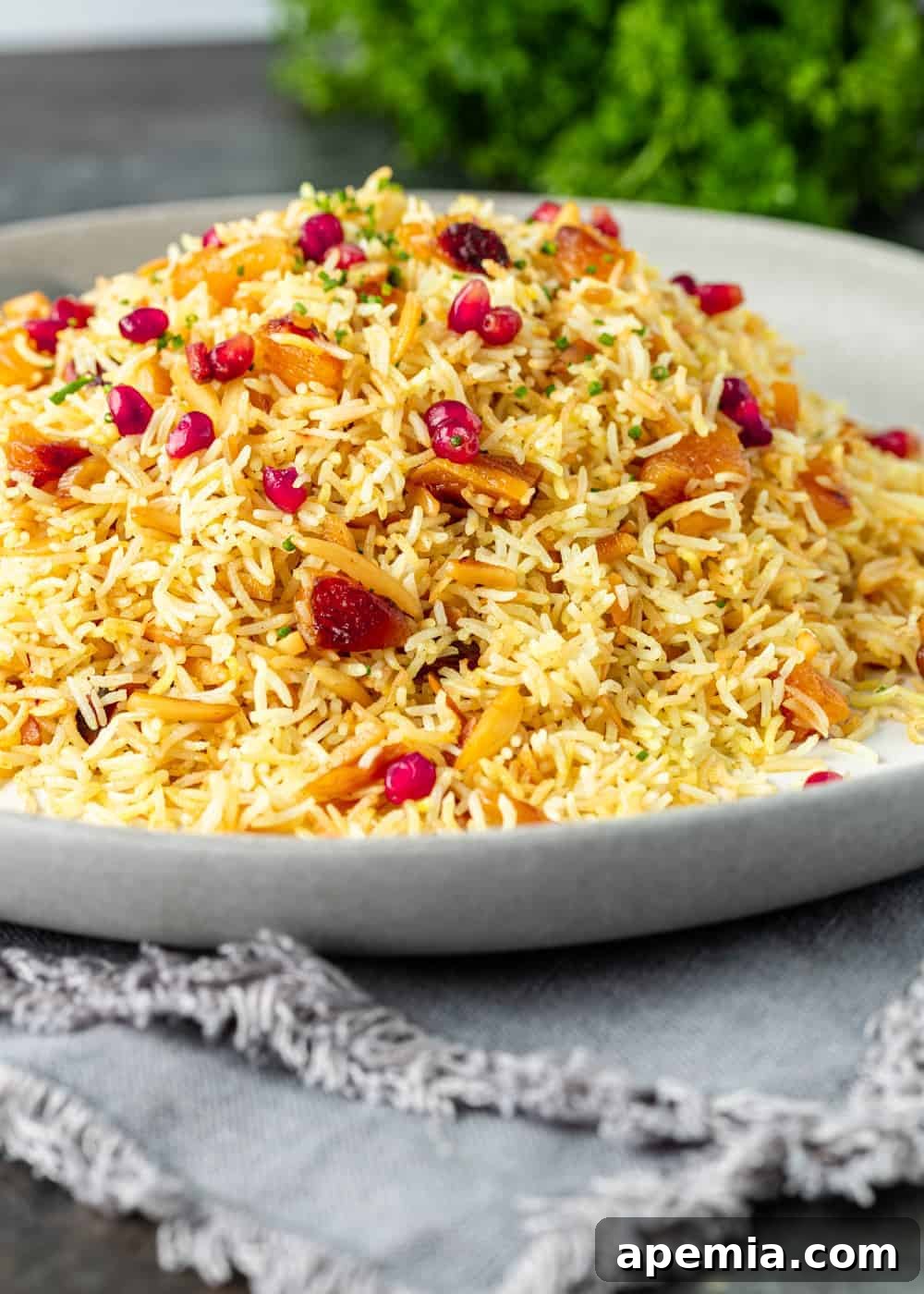 side view: plate of fluffy Persian saffron rice with apricots and pomegranate seeds