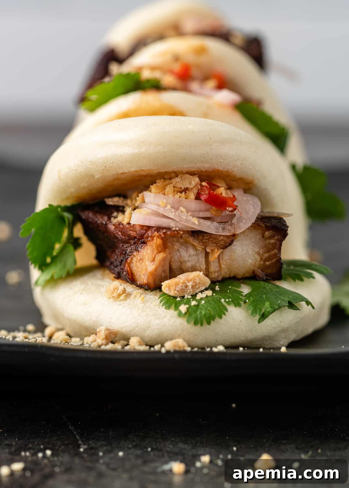 closeup: several gua bao sandwiches lined up on a platter