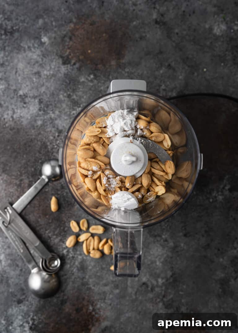 overhead process shot: peanuts and powdered sugar in a food processor before processing