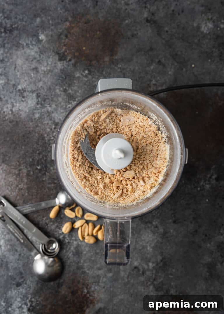 overhead process shot: peanuts and powdered sugar in a food processor after blitzing
