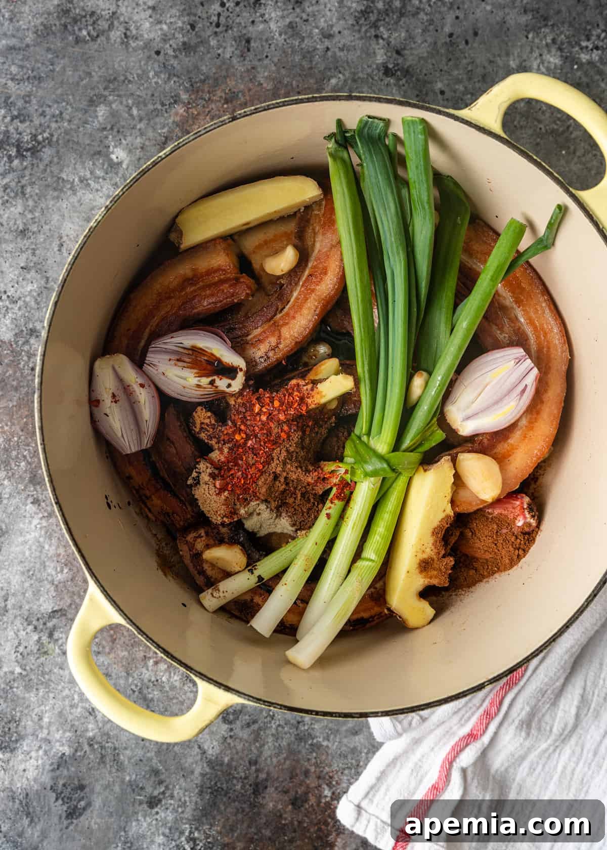 overhead: all of the ingredients for my gua bao recipe in a large pot