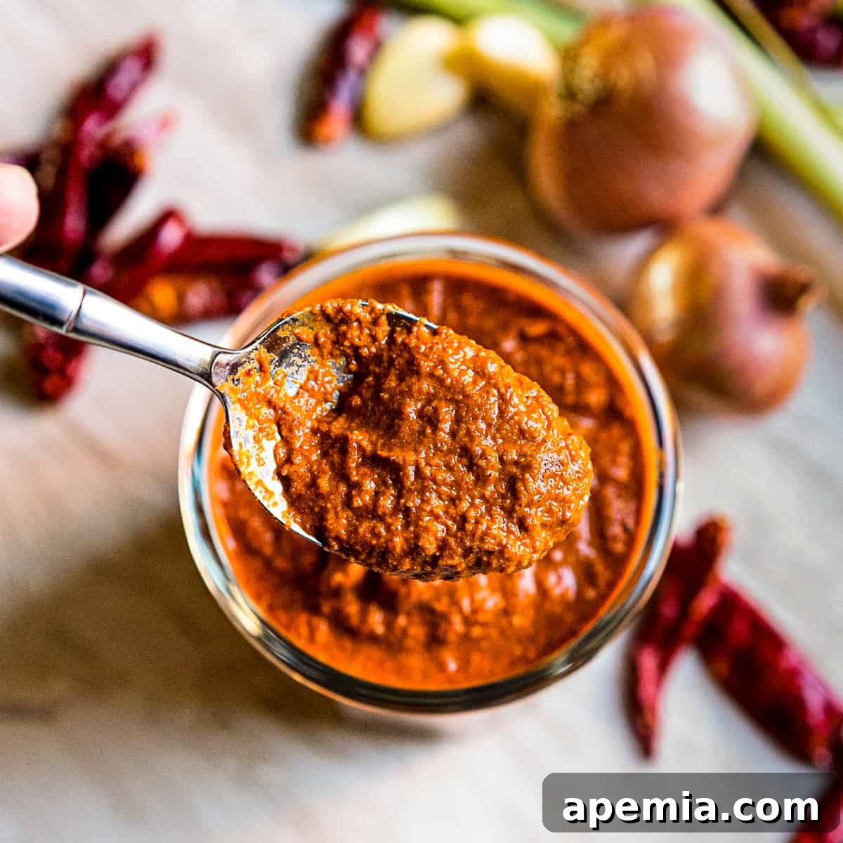 overhead closeup: thai red curry paste in a spoon, showcasing its rich red color and texture