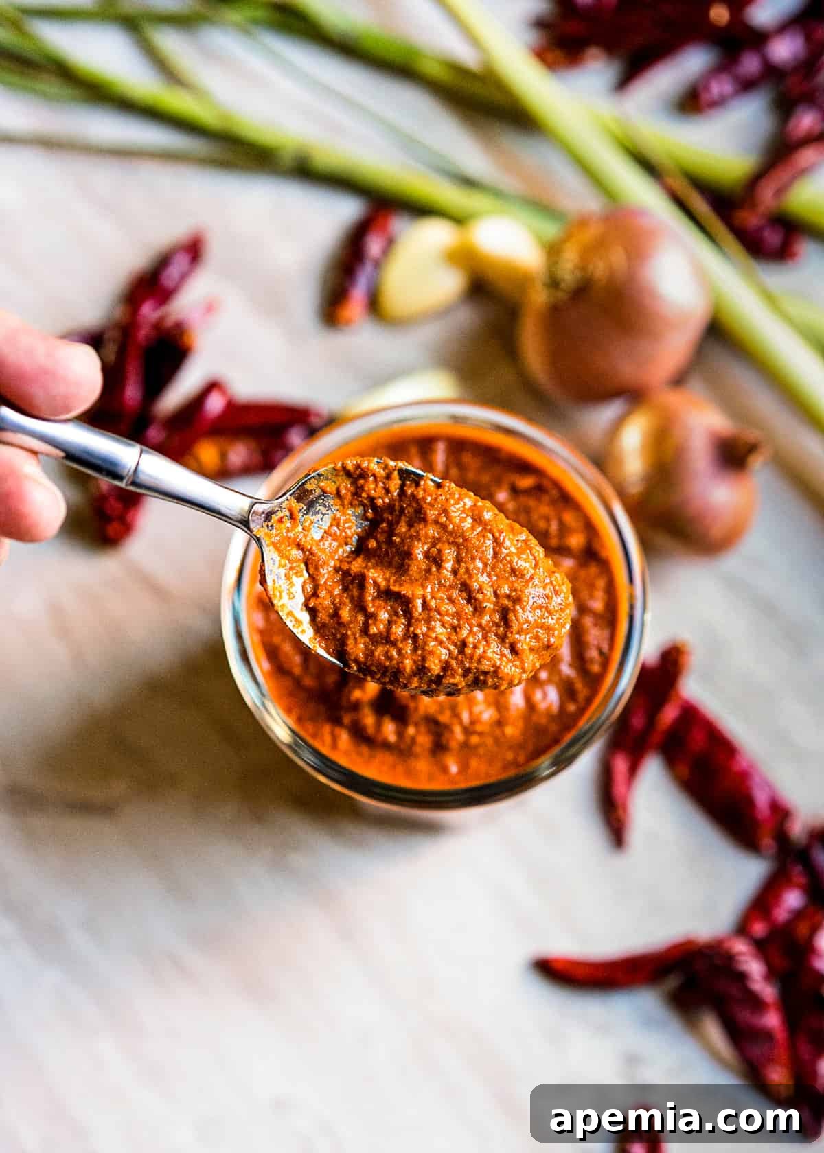 overhead closeup: ready to serve thai red curry paste, beautifully presented