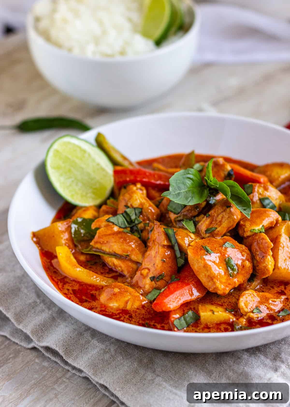 closeup: bowl filled with my thai red curry chicken recipe