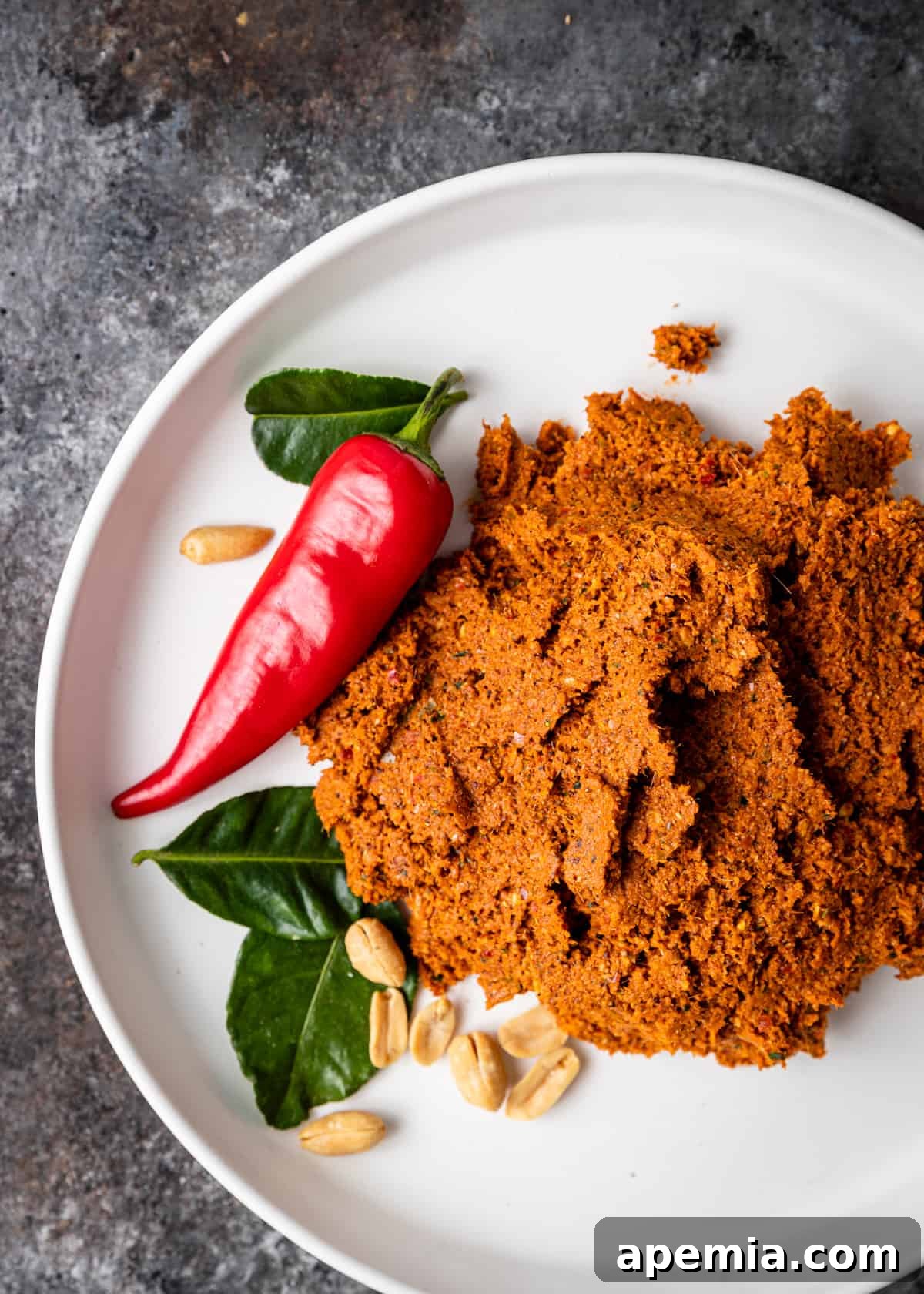 closeup overhead: finished panang curry paste on a white plate, smooth and inviting
