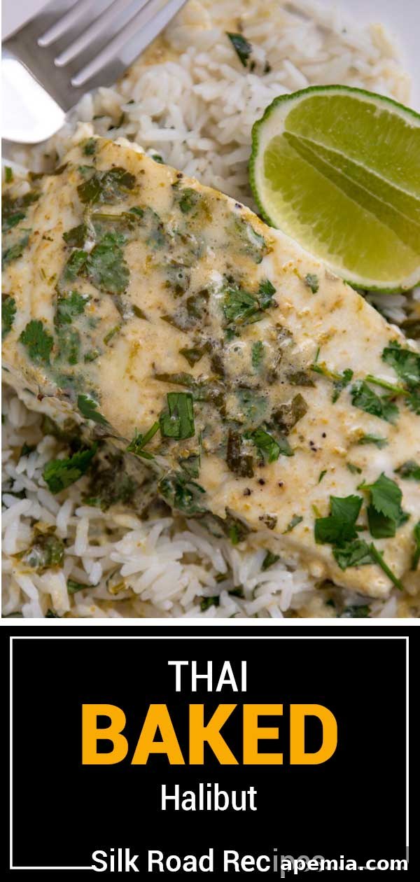 Featured image with the title 'Thai Baked Halibut' and a vibrant close-up of the dish, ready for social sharing.