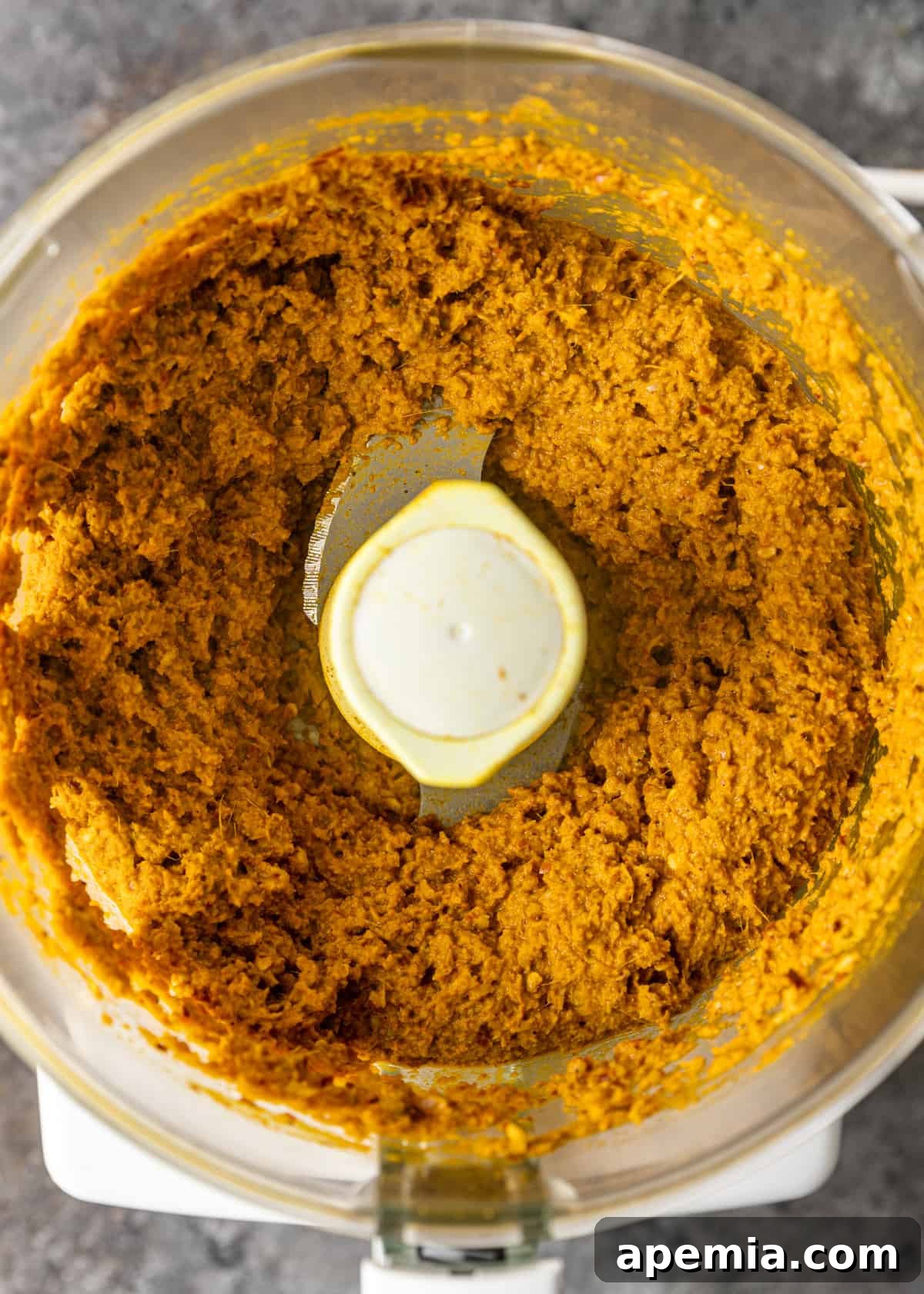 overhead: showing how to make yellow curry paste blended in a food processor
