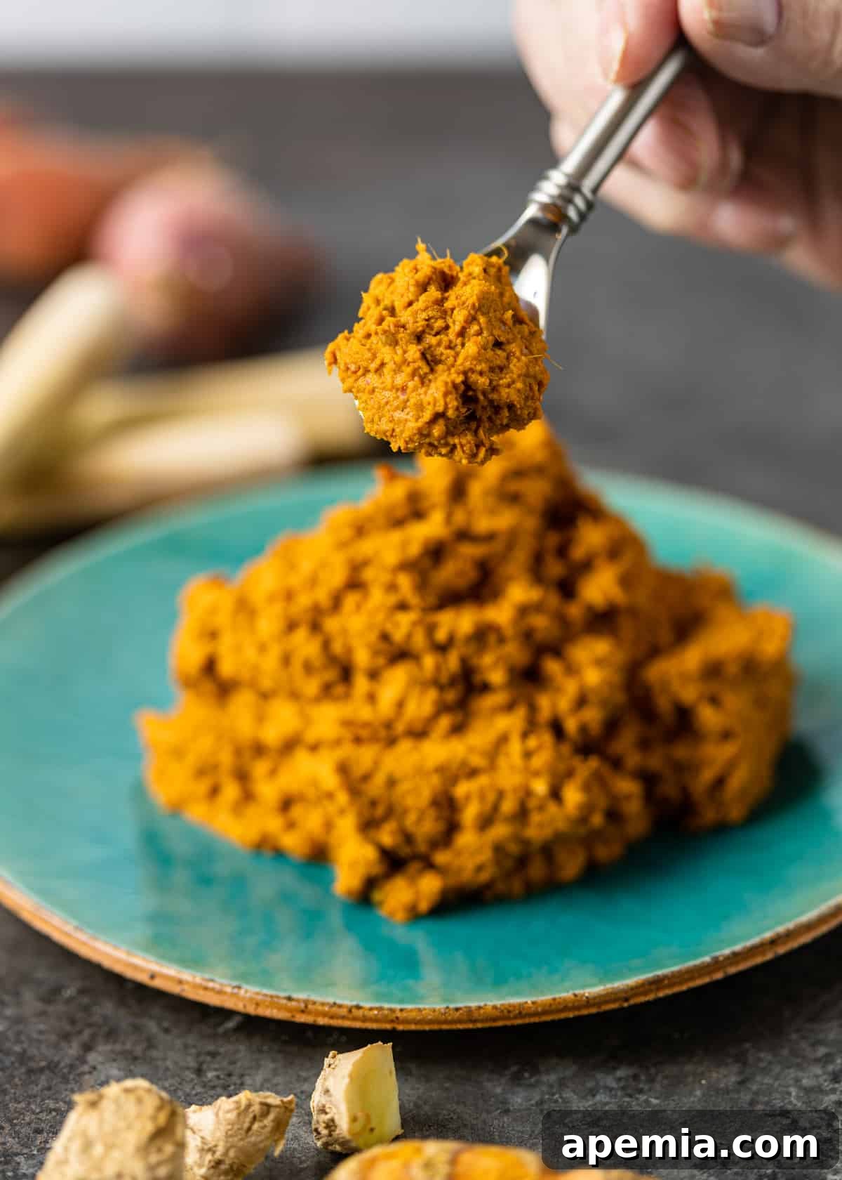 a spoon with my yellow curry paste recipe on it and more on a plate in the background