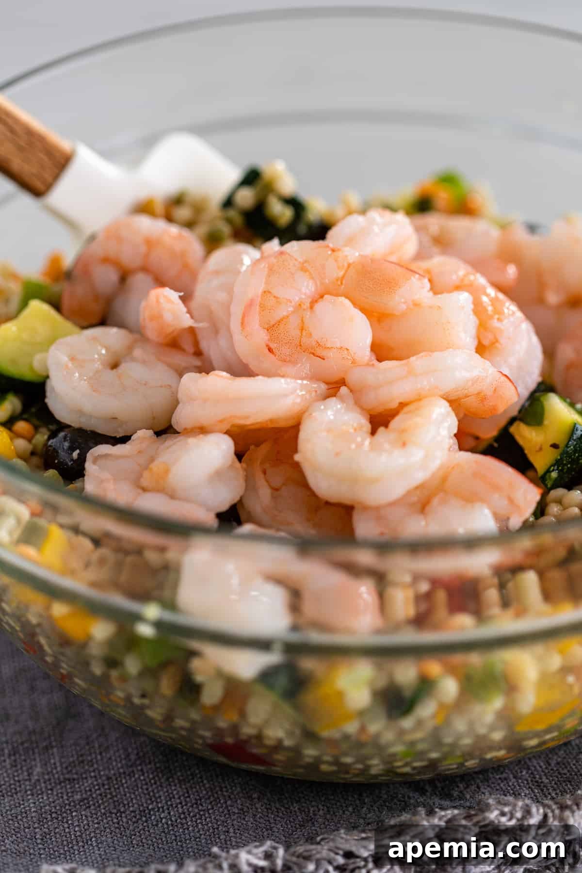 closeup of Mediterranean Couscous Salad with Shrimp before it's stirred