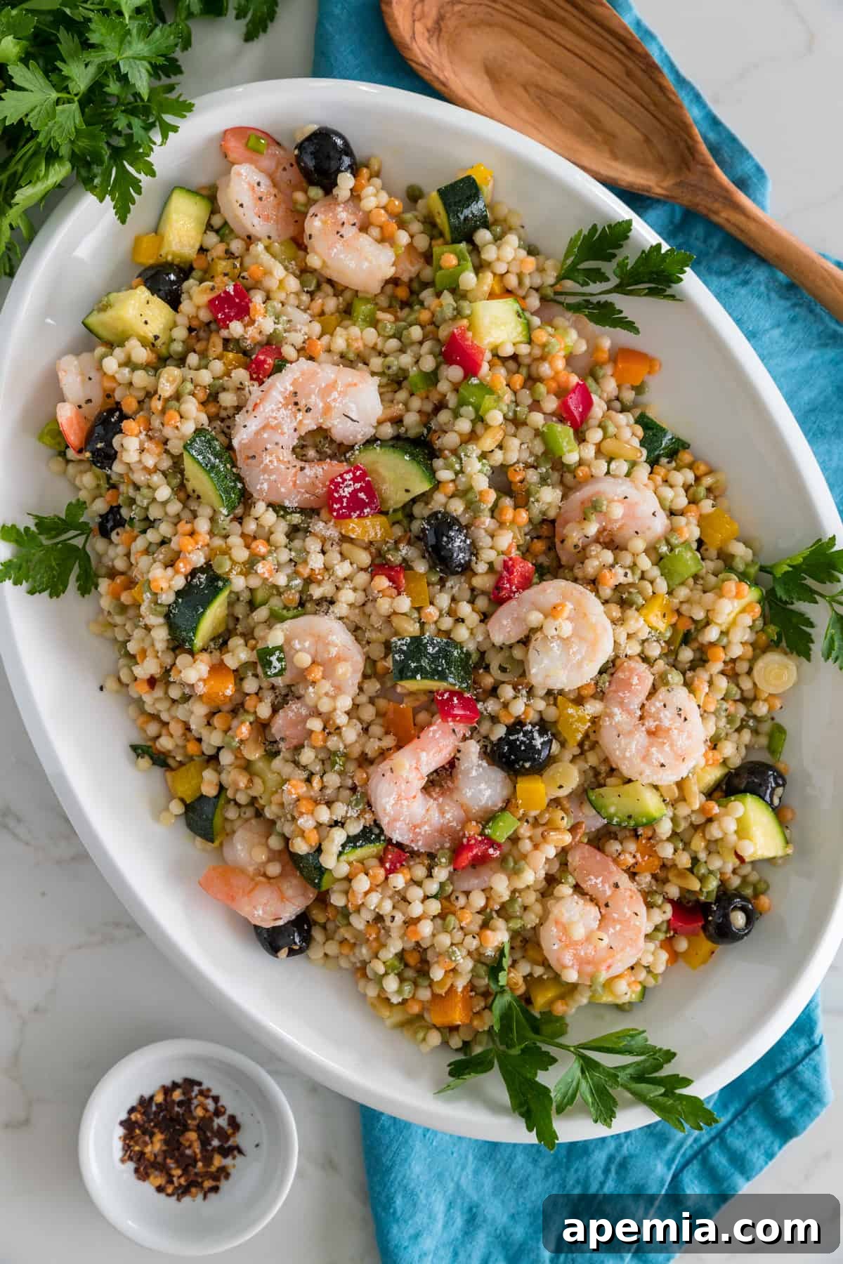 platter filled with Mediterranean Couscous Salad with Shrimp