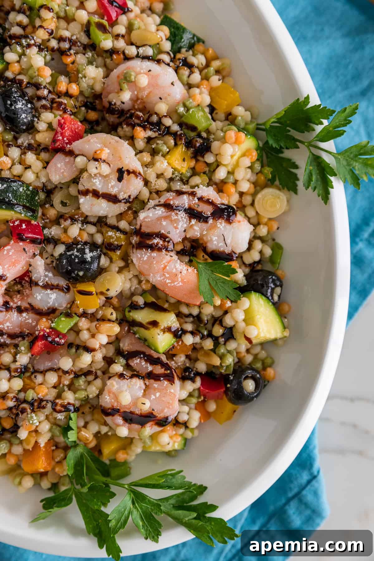 closeup of Mediterranean Couscous Salad with Shrimp