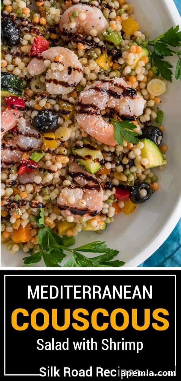 overhead view of Mediterranean Couscous Salad with Shrimp