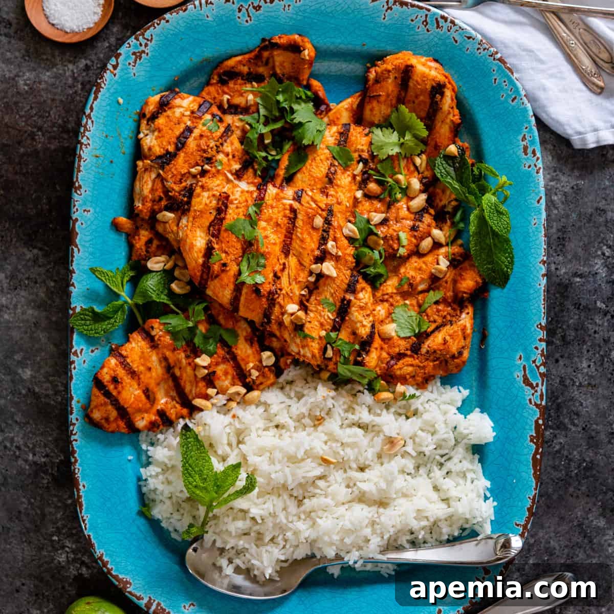 Fragrant Thai Curry Grilled Chicken 2 blue plate with thai grilled curry chicken