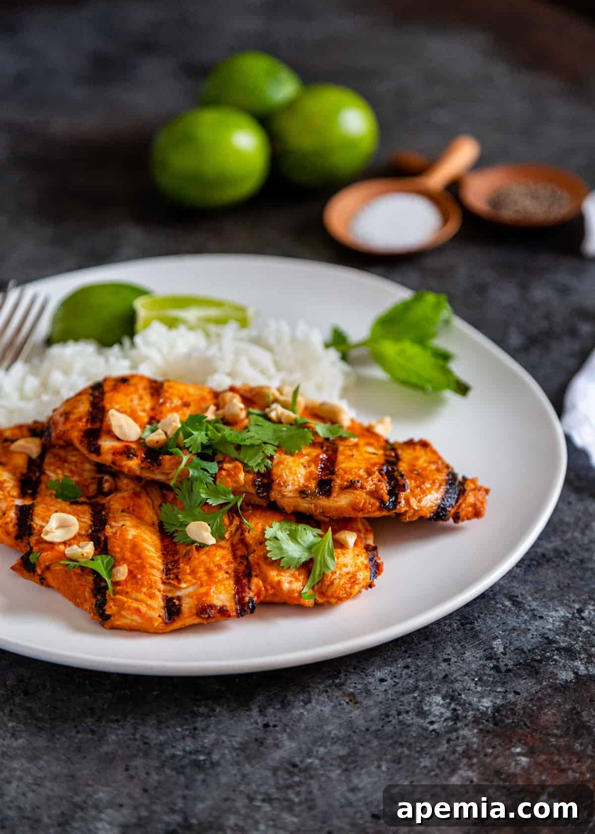 Fragrant Thai Curry Grilled Chicken 3 white plate with 2 pieces of thai curry chicken