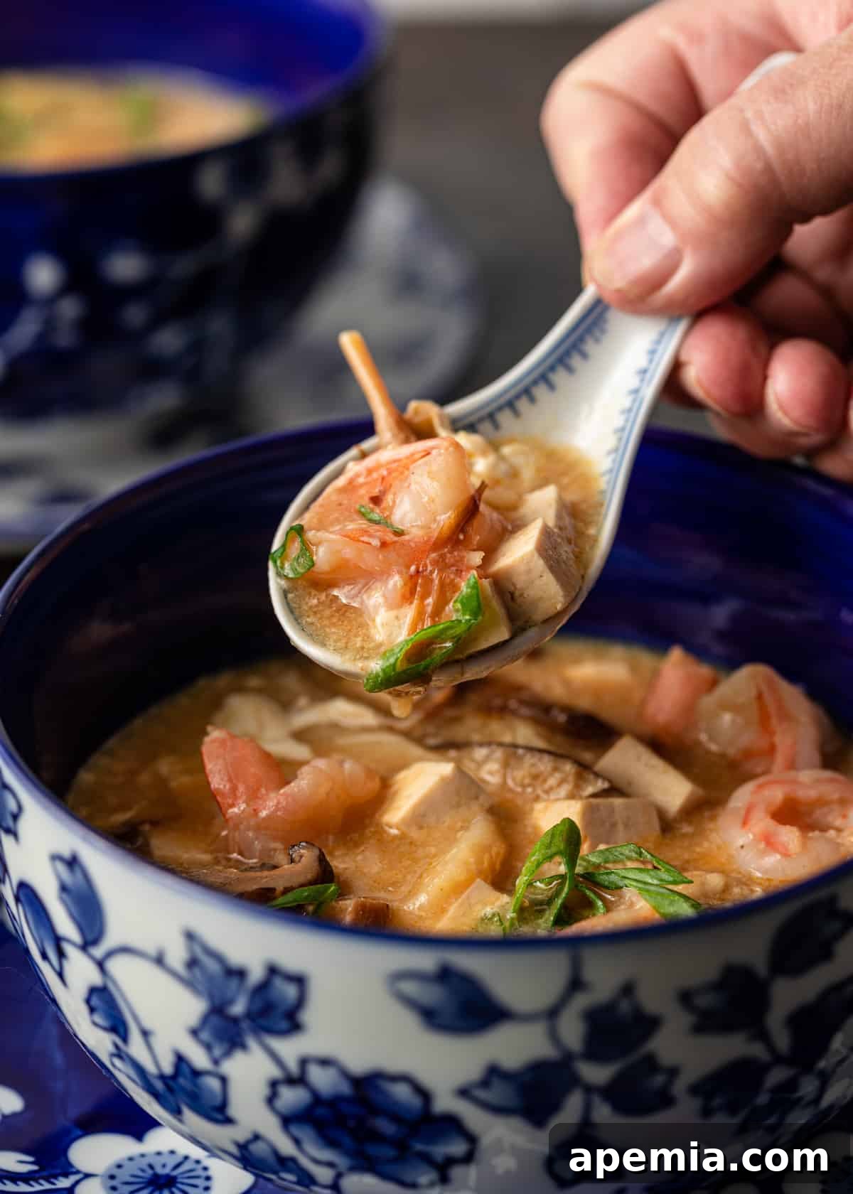 A hand holding a spoon, scooping up a delicious spoonful of homemade hot and sour soup, highlighting its rich textures and vibrant broth.