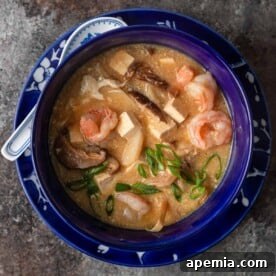 A close-up of a serving of traditional Hot and Sour Soup, garnished with fresh green onions and a sprinkle of chili oil.