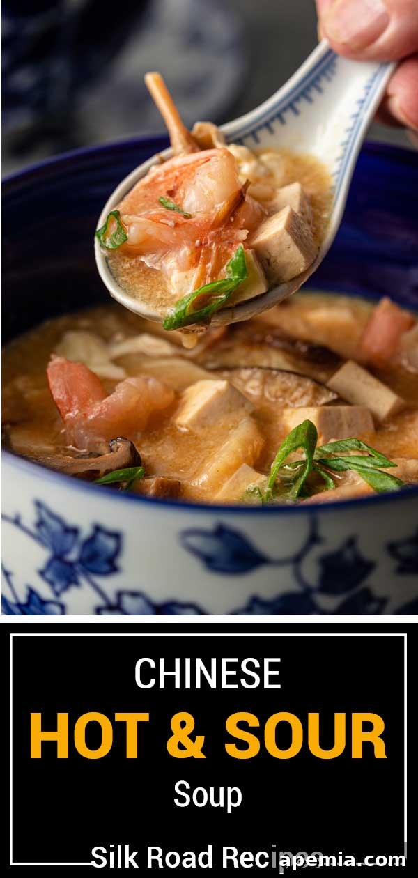 A vibrant, stylized image titled 'Chinese Hot & Sour Soup', ideal for Pinterest sharing, showcasing the rich colors and textures of the dish.