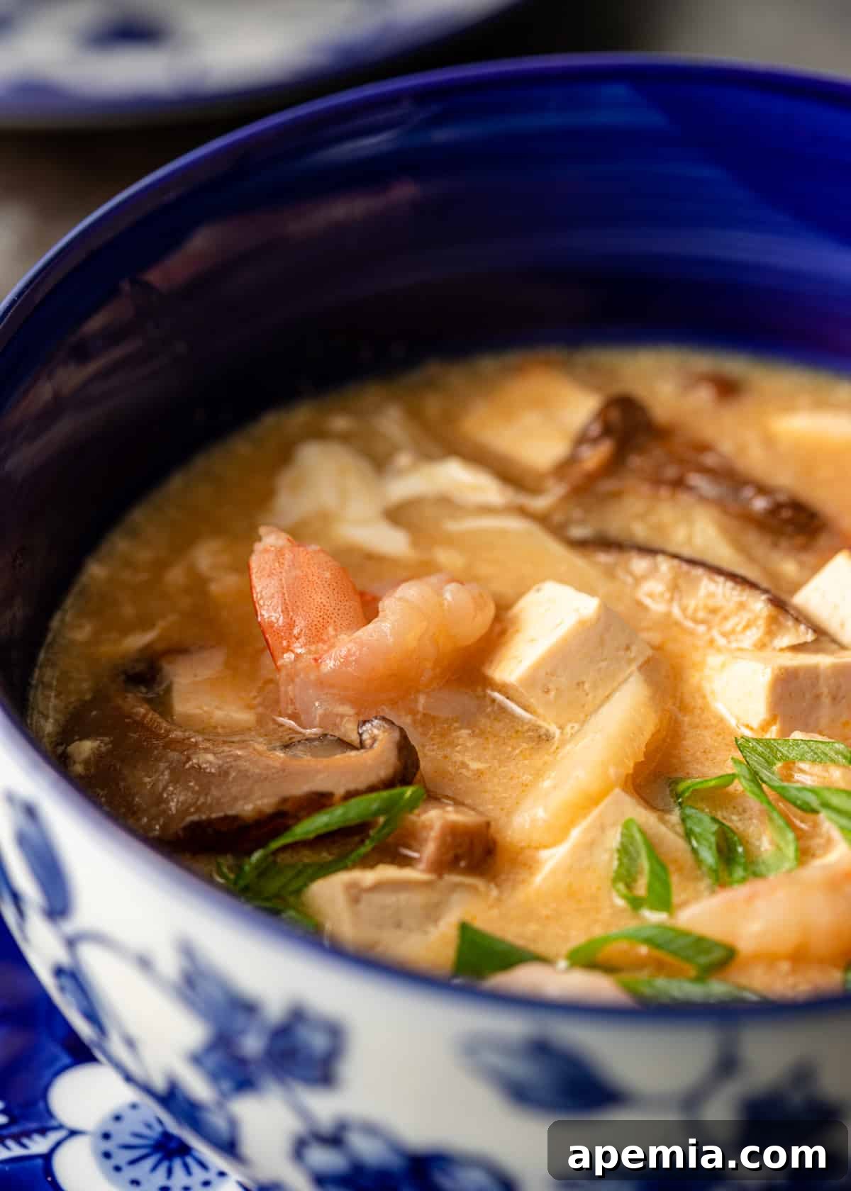 A close-up shot of a serving of homemade hot and sour soup in an elegant blue and white bowl, highlighting the egg ribbons and other ingredients.