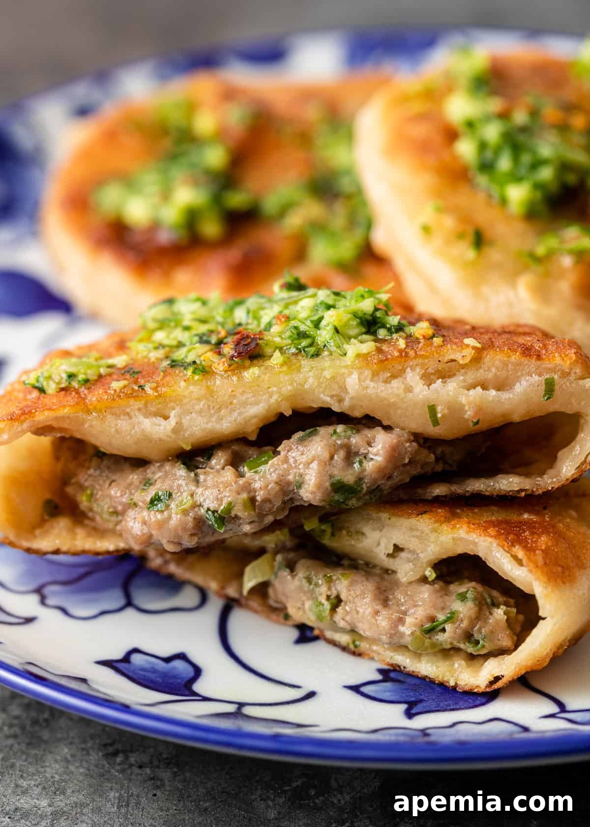 Closeup of a freshly fried Chinese Meat Pie with a crispy crust