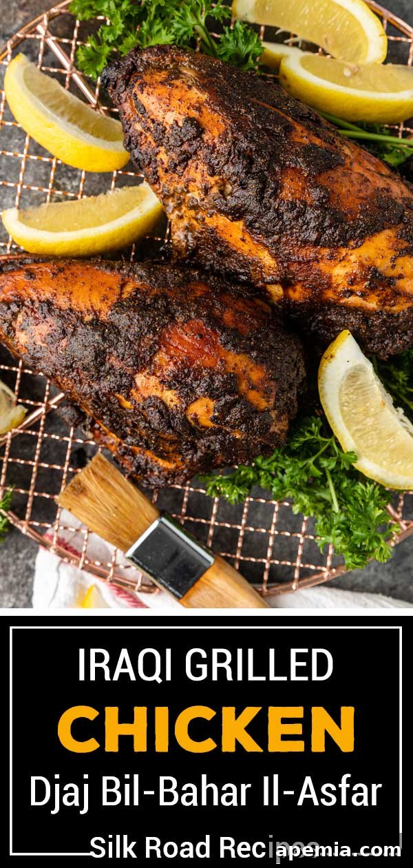 Titled image displaying perfectly grilled Iraqi chicken quarters with a beautiful char and golden hue.