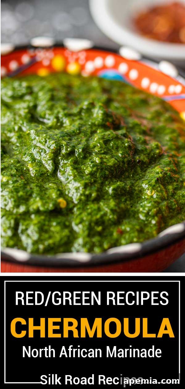 Titled image showing both red and green chermoula recipes, emphasizing North African marinade.