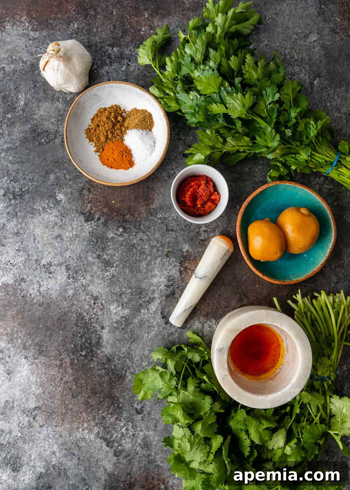 Overhead view: all the fresh ingredients meticulously arranged for preparing red chermoula.